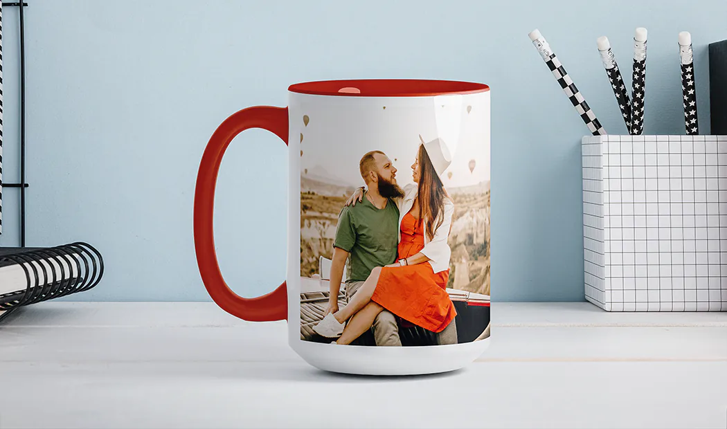 Red and blue Printerpix photo mugs with pictures of dogs on