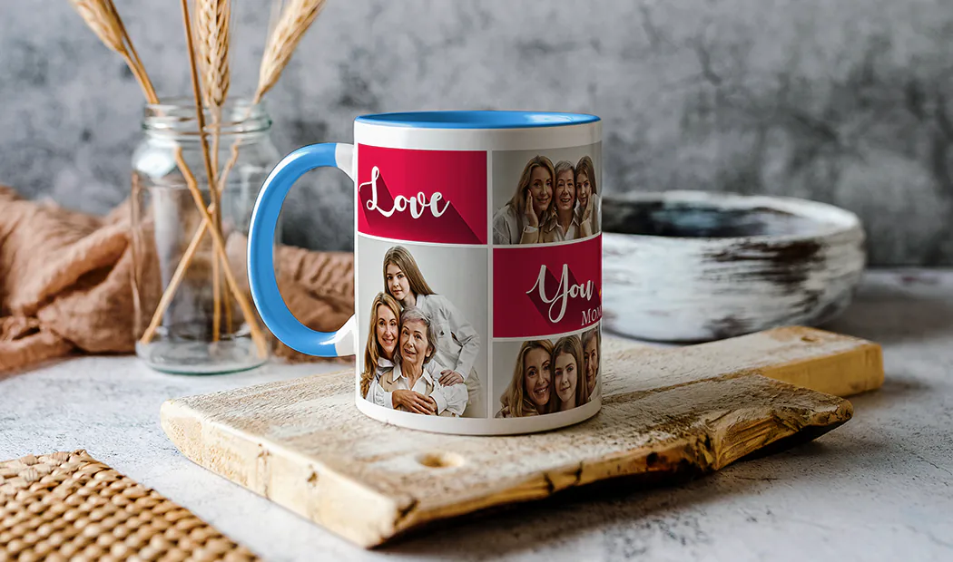 Cat drinking from custom photo mug with photo of cat on