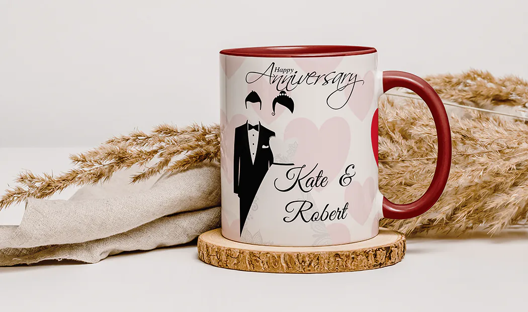 Personalised red mug with photo of young girl on next to cookies