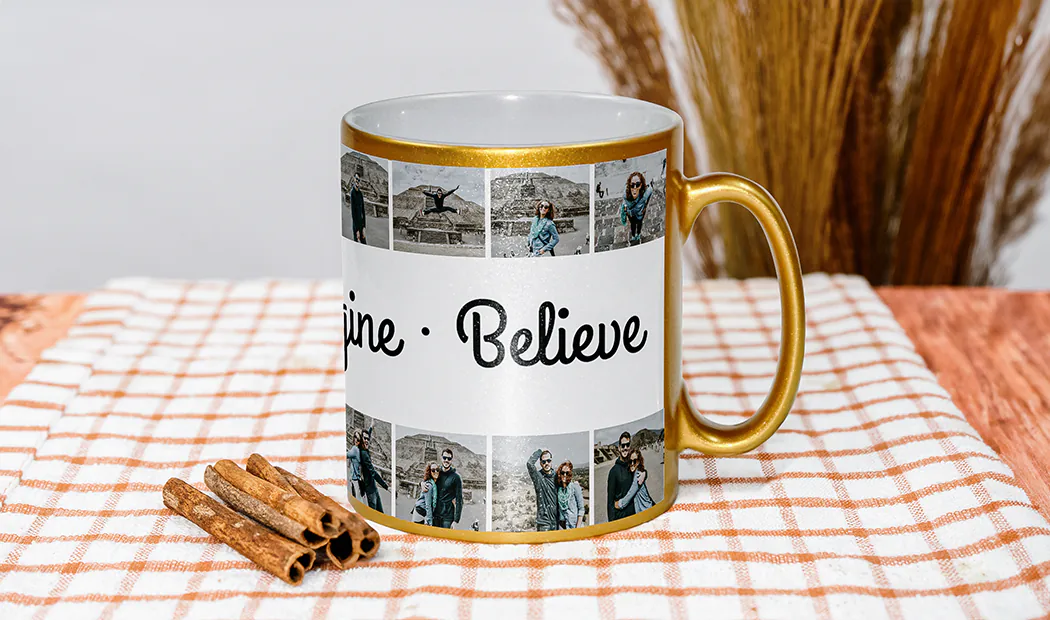 Two custom colored personalised coffee mugs with family photo collage