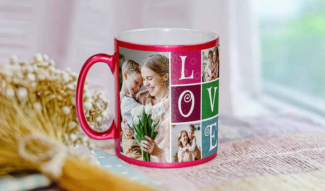 Coffee in red personalised photo mug with photo of young boy